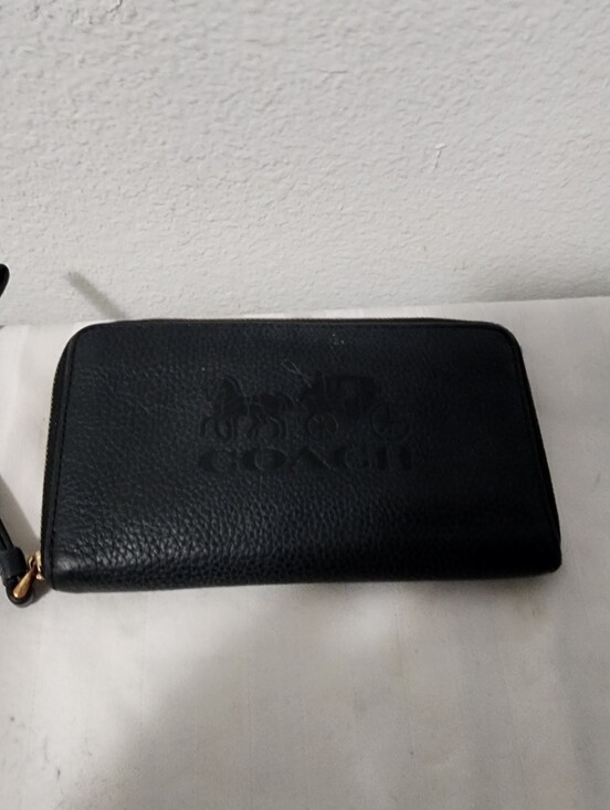 Coach Handbags - Coach Black Pebbled Leather Wristlet Zip Wallet with Embossed Logo